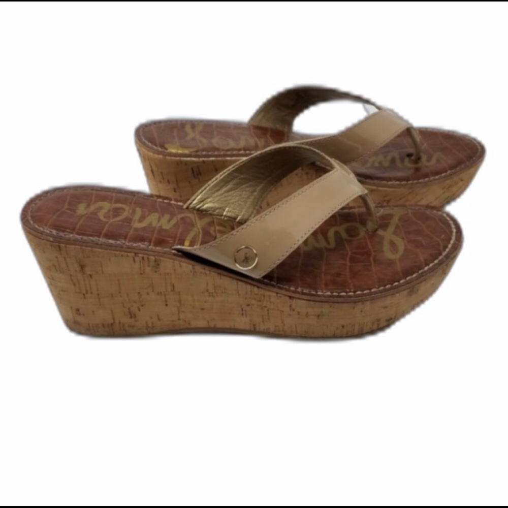 Sam Edelman Nude Patent Leather Cork Wedge 7